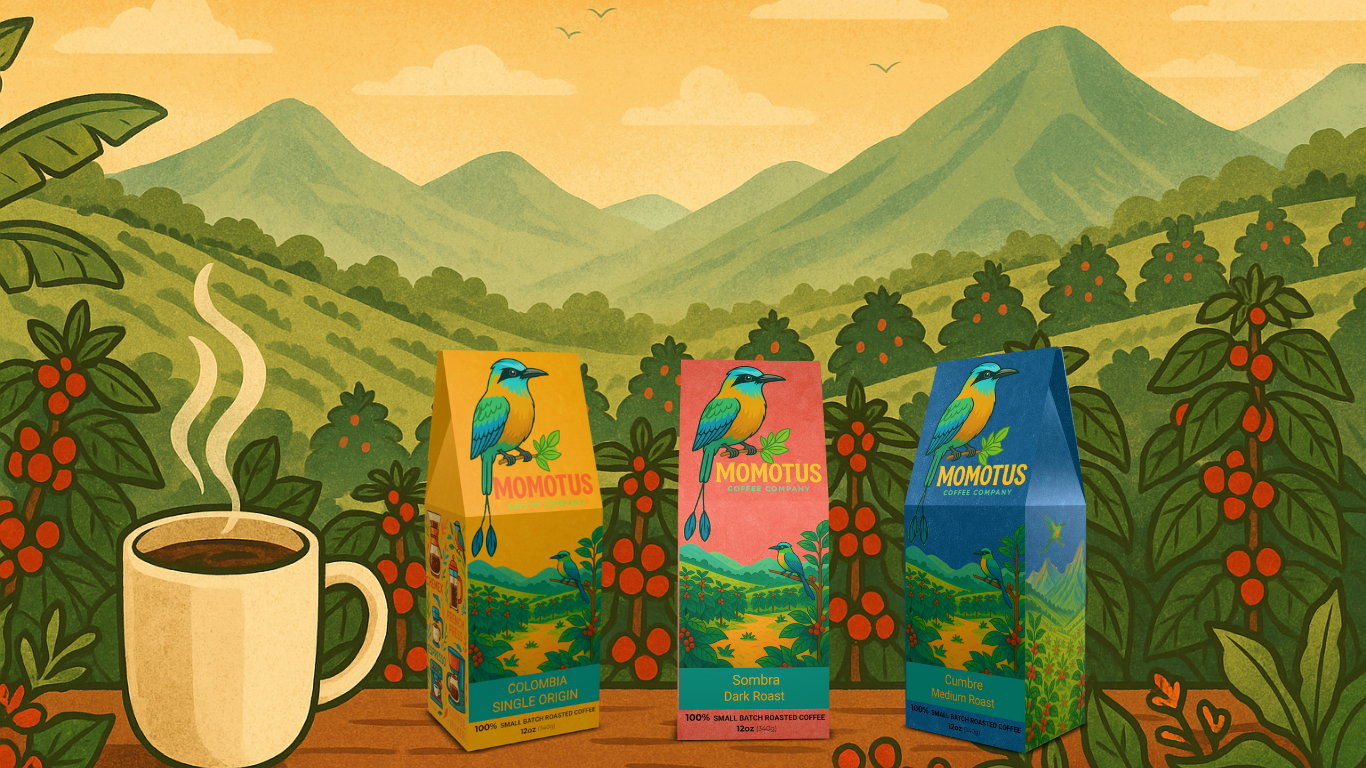 Three coffee bags with a scenic background of mountains and coffee plants.