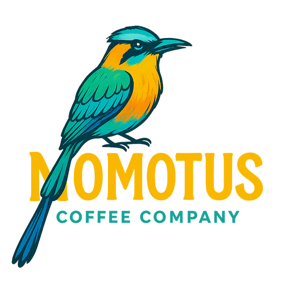 Logo of Momotus Coffee Company with a colorful bird illustration on a white background