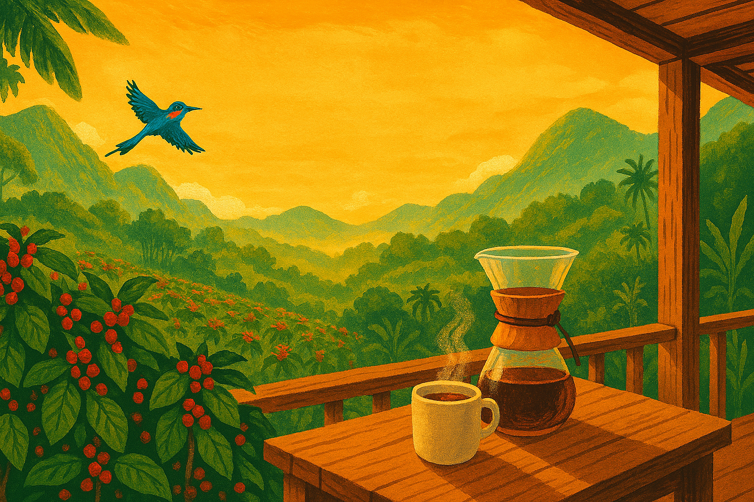 Wooden deck with a coffee cup and Chemex, surrounded by coffee plants and mountains.